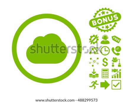 Cloud pictograph with bonus images. Vector illustration style is flat iconic symbols, eco green color, white background.
