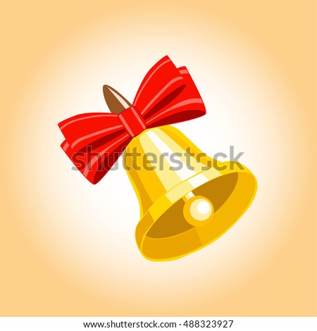 Golden bell with a red ribbon.