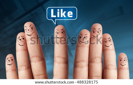 Happy group of finger with the word like  social media  concept Royalty-Free Stock Photo #488328175