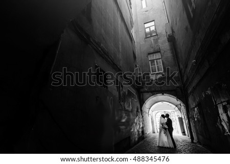 happy gorgeous bride and stylish handsome groom hugging on background of an amazing old building in light, black white