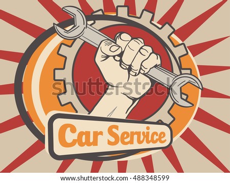 Car service emblem logo. Cartoon colorful raster illustration