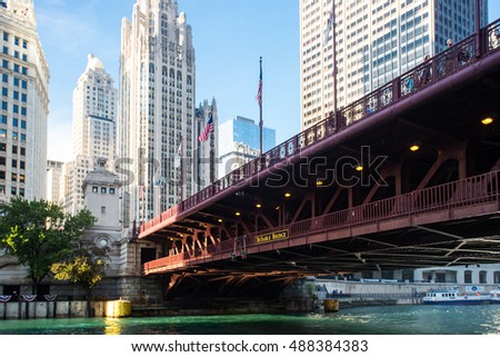 The iconic DuSable bridge and Michigan Ave in Chicago, Illinois, USA on a hot summer's day Royalty-Free Stock Photo #488384383