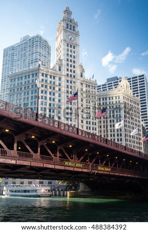 The iconic DuSable bridge and Michigan Ave in Chicago, Illinois, USA on a hot summer's day Royalty-Free Stock Photo #488384392