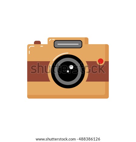 Flat object on white background. Retro photocamera or vintage photographic apparatus in flat style on light backdrop. Camcorder. Film shooting. Smile. Hipster style. Zoom. picture. Tool photographer.