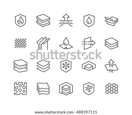 Simple Set of Layered Material Related Vector Line Icons. 
Contains such Icons as Waterproof, Wind Protection, Fabric Layers and more.
Editable Stroke. 48x48 Pixel Perfect. Royalty-Free Stock Photo #488397115