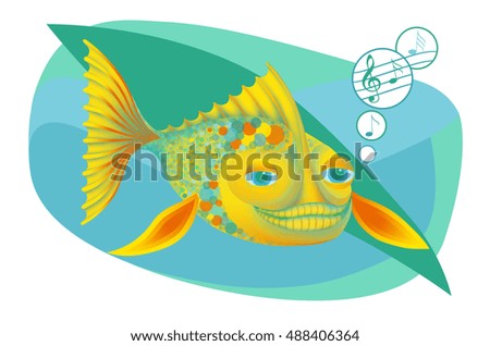 Goldfish thinks about the music under the water - Illustration
