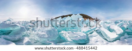 Blue Hummocks of of lake baikal ice, panorama 360 degrees equirectangular projection Royalty-Free Stock Photo #488415442