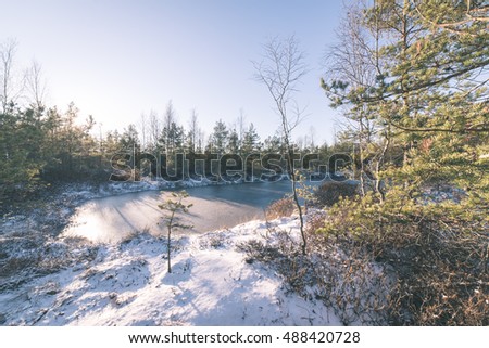 snowy tourist hiking trail in woods in winter. trails in snow - vintage film effect