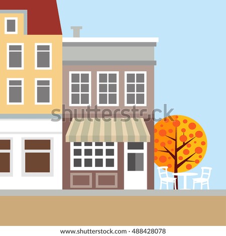 Cute background with old houses.  Autumn, fall scene. Flat design, vector illustration.