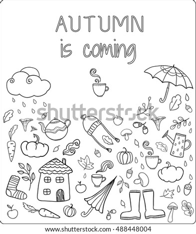 Hand drawn autumn coloring elements. Perfect vector template for coloring book, cards, design.