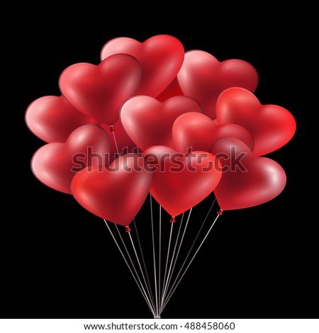 Bunch of Red Heart Balloons. Realistic vector illustration. Romantic banner.