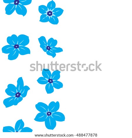 Seamless pattern of vertical stylized floral motif, forget-me-not flowers, hole, spots, doodles on white background. Hand drawn forget-me-not flowers. Place for your text. Seamless floral background.
