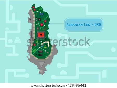 Albania Map with Electronic Parts as cities and flag on Microchip. Editable Clip Art.