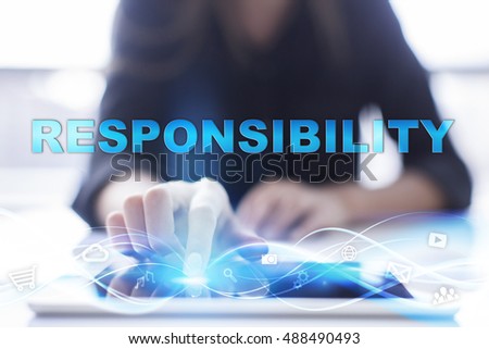 Woman is using modern tablet pc, presssing on touch screen and selecting "Responsibility".