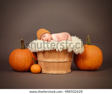 A little newborn baby is sleeping in a wooden basket in a studio with orange pumpkins for a Halloween or portrait image.