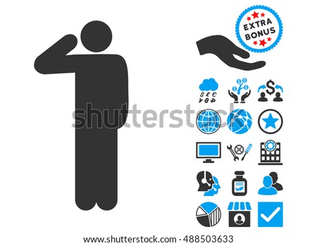 Salute Pose pictograph with bonus clip art. Glyph illustration style is flat iconic bicolor symbols, blue and gray colors, white background.