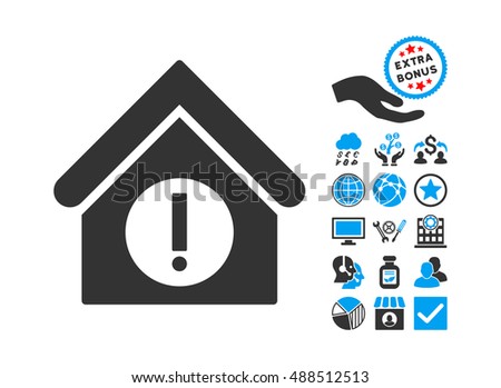 Danger Building icon with bonus clip art. Glyph illustration style is flat iconic bicolor symbols, blue and gray colors, white background.