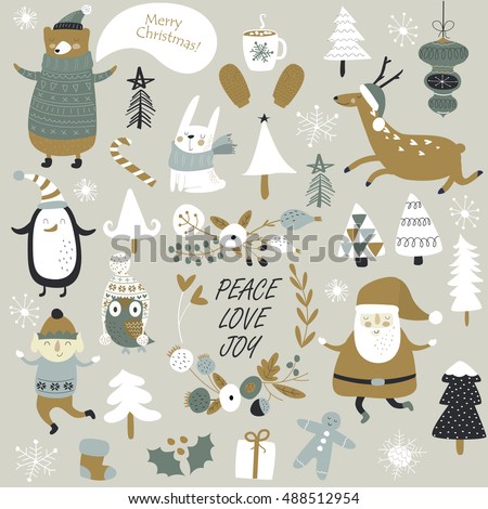 Christmas cards with cute Santa Claus, bear in knitted jumper, trees, , cup of hot chocolate, mittens, snowflakes and christmas toys, penguine, elf, crackers and forest animals  in cartoon style Royalty-Free Stock Photo #488512954