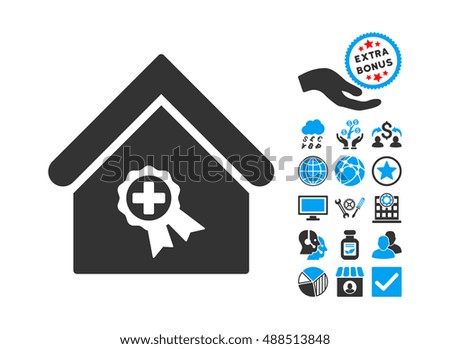 Certified Clinic Building pictograph with bonus clip art. Glyph illustration style is flat iconic bicolor symbols, blue and gray colors, white background.