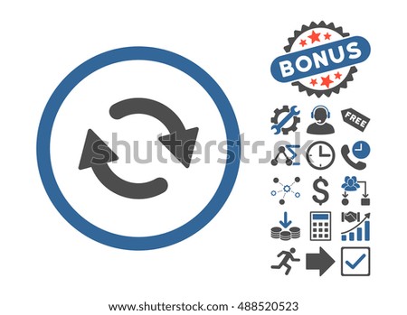 Refresh pictograph with bonus clip art. Glyph illustration style is flat iconic bicolor symbols, cobalt and gray colors, white background.