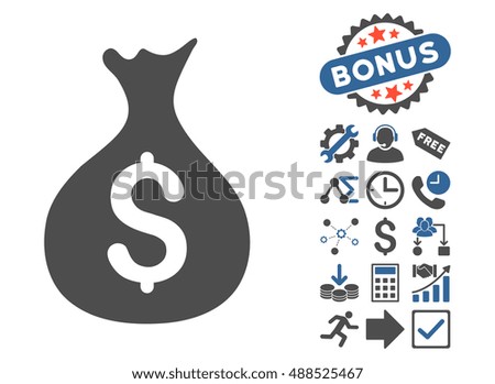 Money Sack icon with bonus clip art. Glyph illustration style is flat iconic bicolor symbols, cobalt and gray colors, white background.