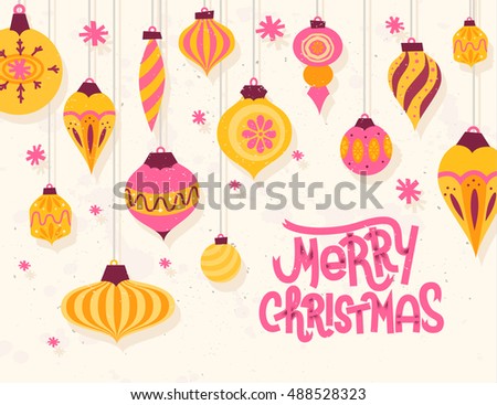 Festive Christmas greeting card with 50s retro style christmas ornaments 