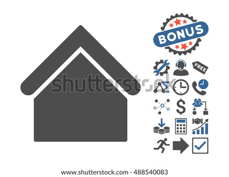 Base Building icon with bonus clip art. Glyph illustration style is flat iconic bicolor symbols, cobalt and gray colors, white background.