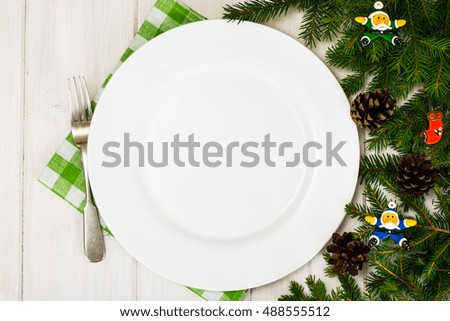 Abstract Christmas and New Year Background with Old Vintage Wooden Boards and White Empty Plate for Your Text, Fir Branches Studio Photo