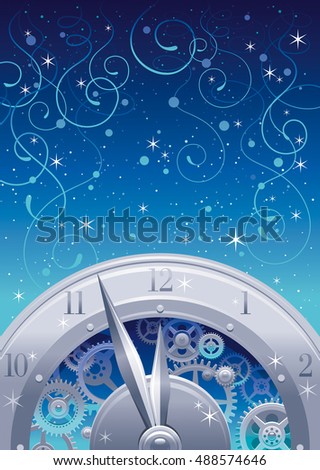 Vintage clock elements on color background - clockwork , cogwheels, minute, hour hands.  Christmas and New Year eve template.   