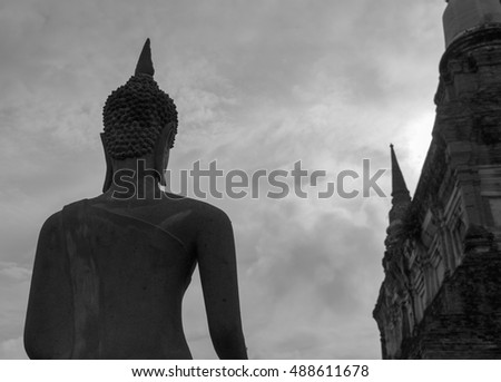 Silhouette the back of Buddha statue,black and white style