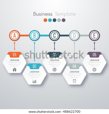 Modern infographics process template with paper sheets, polygons with rounded corners, icons and text for 5 steps. Vector. Can be used for web design, timeline and workflow layout