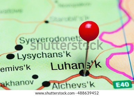 Luhansk pinned on a map of Ukraine
