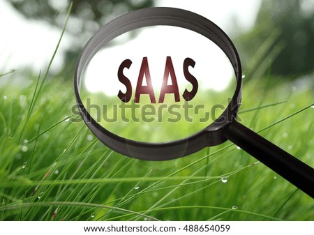 Magnifying glass with the word SAAS (software as a service) on grass background. Selective focus