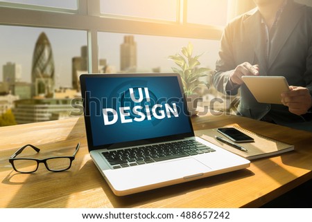 UI DESIGN Computer Network Homepage Html Graphic Web Thoughtful male person looking to the digital tablet screen, laptop screen,Silhouette and filter sun