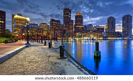 Large panoramic view of Boston skyline at night