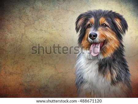 Drawing  Mixed breed dog portrait oil painting on old vintage color grunge paper background. Hand drawn home pet. Clip art illustration