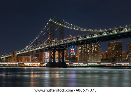 Manhattan Bridge view of Manhattan from Brookyn at night.