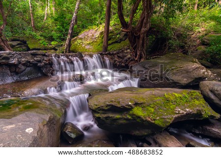 Huay Tha Long  small waterfall in tropical forest,Ubon Ratchathani,Thailand,leaf moving low speed shutter blur
