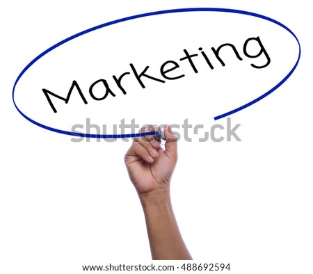 asia man hand writing marketing with black marker for business concept isolated on white