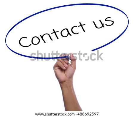 asia man hand writing contact us with black marker for business concept isolated on white