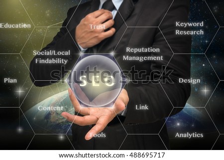 Businessman with show hand posture to present the SEO icon with business success model on Internet network concept background,Elements of this image furnished by NASA, Business technology concept