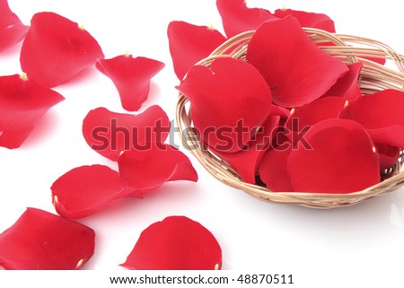 Basket with red roses petals