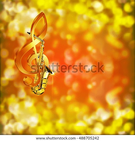 music saxophone unusual font and treble clef on blurred background with bright highlights.
