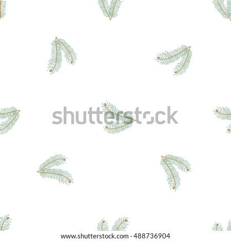 Christmas seamless pattern with small fir twig. Beautiful vector background for decoration xmas designs. Cute minimalistic art elements on white backdrop.
