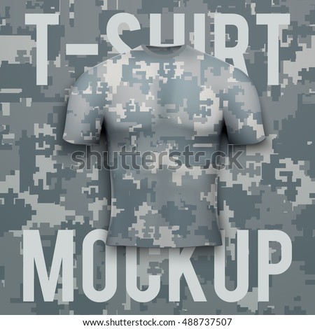 Camouflage t-shirt on digital pixel camo background. Front Product mockup and sample. Vector Illustration