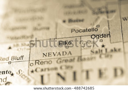 Closeup of Elko, Nevada on a political map of USA.