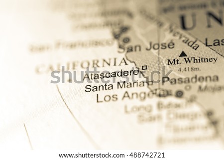 Closeup of Atascadero, California on a political map of USA.
