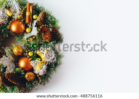 Christmas wreath composition on white. Christmas decorations background.