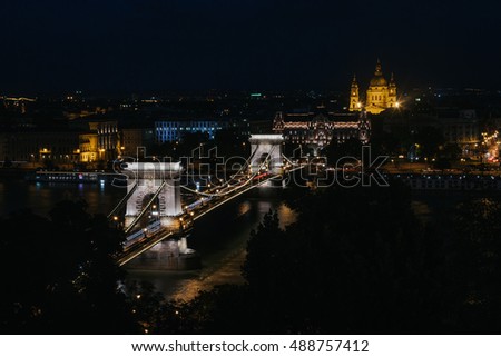 Night cityscape of Budabest, capital of Hungary. Chain Bridge nicely illuminated.