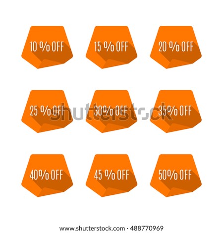 A set of nine labels discounts of ten to fifty percent in steps of five, long diagonal shadow and flat style, vector illustration.